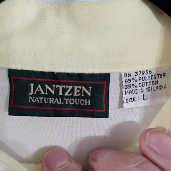 Jantzen Mens L Polo Shirt White Cotton Blend Striped Grid Vintage Archival Rare - Picture 4 of 6